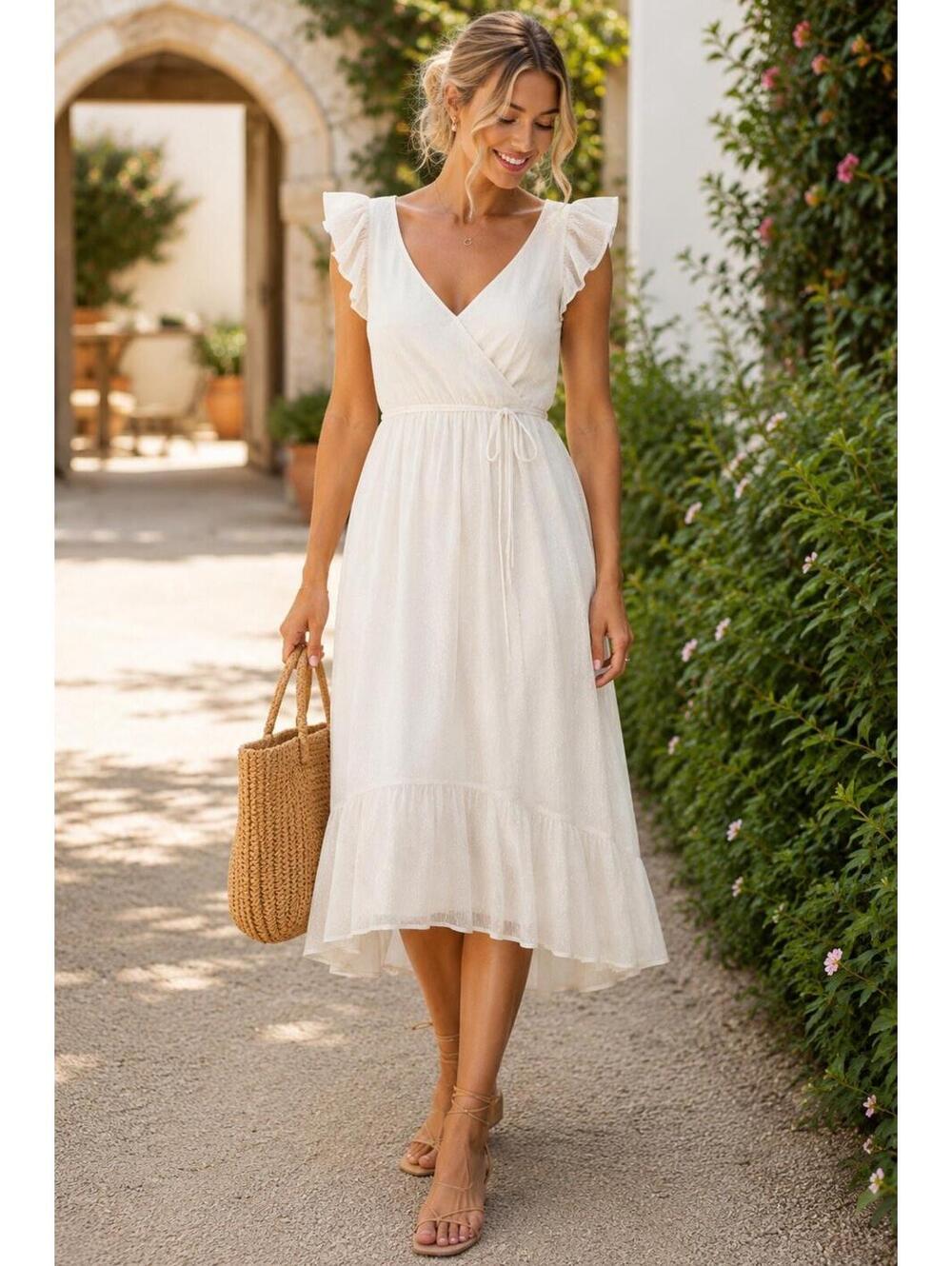 Altar’d State FLORENTINA Ivory High Low Maxi Dress Shimmer Flutter Sleeve L